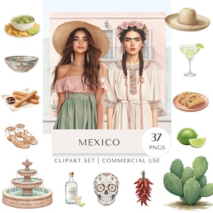 Op de afbeelding: Een digitale clipartset met een Mexicaans thema. De afbeelding bevat illustraties van voedsel zoals taco's, guacamole en churros, samen met culturele elementen zoals een suikerschedel, een fontein en vrouwen in traditionele kleding. De tekst "MEXICO" wordt weergegeven.