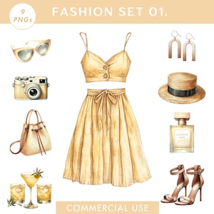 Conjunto de Moda 01 Conjunto de Clipart Aquarela Amarelo Moda Verão PNG