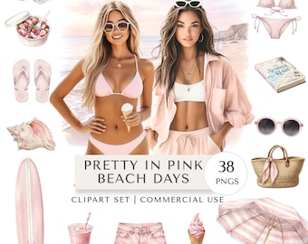 Pretty In Pink Beach Days Clipart Set | Summer Digital Stickers