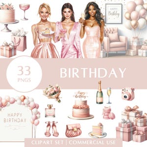 Geburtstag Clipart-Set | schicke Party PNGs | Rosa Feier Illustrationen | Luftballons Geschenke Kuchen Mode | Kommerzielle Nutzung