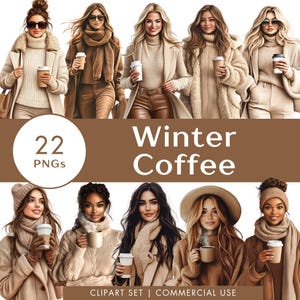 Conjunto de clipart de café de inverno, ilustração em aquarela de moda, adesivos digitais