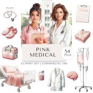 Pink Medical Clipart Set | Watercolour Nurse, Doctor & Hospital PNGs | Transparent Background | Commercial Use | Digital Stickers