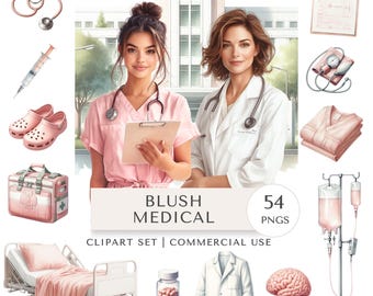 Conjunto de imágenes prediseñadas médicas ruborizadas / Pegatinas digitales de enfermera, doctor y hospital