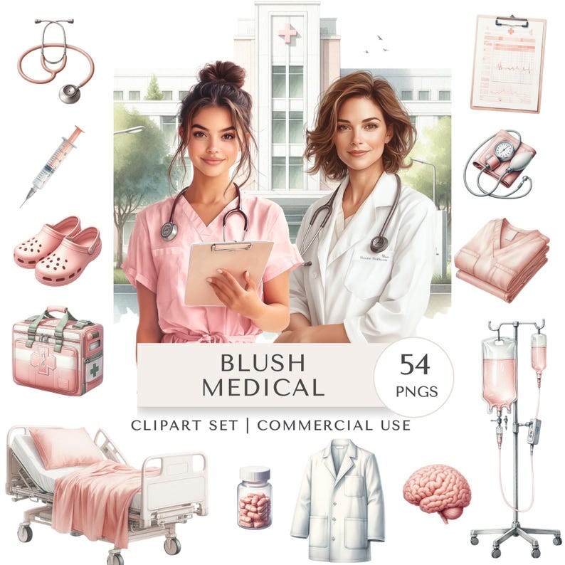 May include: A digital clipart set with a medical theme. The image features two women in medical attire, along with medical equipment such as a stethoscope, syringe, and hospital bed. The text "Blush Medical" is displayed.