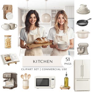 Op de afbeelding: Een digitale illustratie van een keuken clipart set met 51 PNG's. De afbeelding toont verschillende keukenartikelen, waaronder een broodplank, borden, een mixer, een magnetron en een koelkast. Twee vrouwen houden een brood en een stapel borden vast.