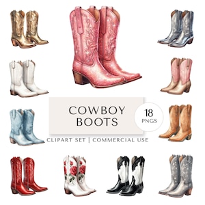 Puede incluir: Una colección de botas de vaquero en acuarela en varios colores, incluyendo dorado, rosa, plateado, blanco, azul, rojo y marrón. La imagen incluye el texto "COWBOY BOOTS" y "18 PNGS".