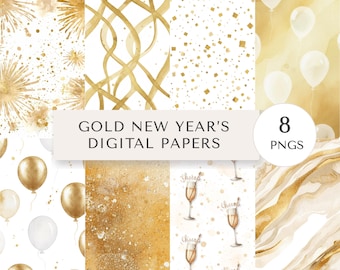 Gold New Year’s Digital Papers | Elegant Watercolour Metallic Patterns