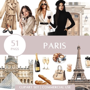 Ensemble de cliparts de Paris | Mode française, café, monuments et baguettes | Stickers numériques | Utilisation commerciale