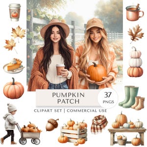 Könnte beinhalten: Eine digitale Kunstsammlung mit dem Thema Kürbisfeld. Das Bild enthält Illustrationen von Kürbissen, Herbstlaub, Menschen und den Text "Pumpkin Patch" und "37 PNGs". Das Clipart-Set ist für den kommerziellen Gebrauch bestimmt.