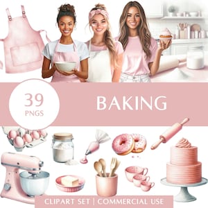 Ensemble de cliparts de pâtisserie | 39 PNG | Boulangerie moderne, batteur, gâteau, beignets, farine, ustensiles de cuisine | Utilisation commerciale | Téléchargement numérique