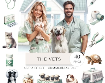May include: Digital clipart set titled "The Vets" featuring a veterinarian, a cat, and a dog. Includes medical tools, pet carriers, and other animal-related illustrations. Perfect for digital art projects and commercial use.