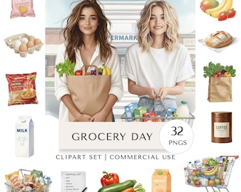 Grocery Day Clipart Set | Food Shopping Digital Stickers