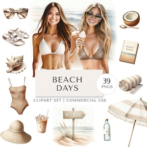 Beach Day Clipart Set: Watercolour Coastal Graphics (Commercial Use)