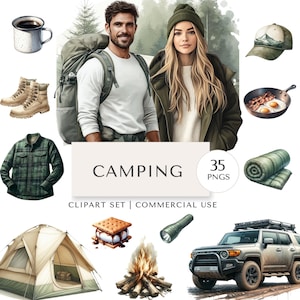 Camping Clipart Set | 35 PNGs | Camp Gear, Campfire Food & Nature Aesthetic | Digital Stickers