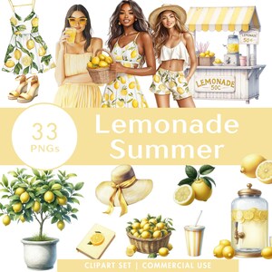 Conjunto de clipart de verão de limonada, adesivos digitais de ilustração em aquarela amarela