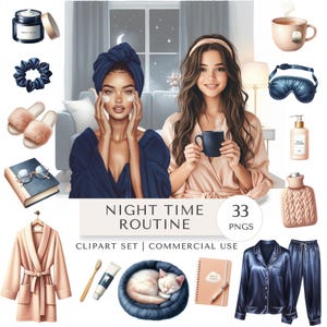 Pode incluir: Ilustração digital de um conjunto de rotina noturna. Inclui uma mulher com uma toalha na cabeça, uma mulher segurando uma caneca e vários itens de autocuidado, como um roupão, pijamas e produtos para a pele. O texto diz "Night Time Routine".