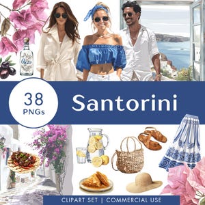 Ensemble de cliparts Santorin Grèce voyage illustration aquarelle autocollants numériques