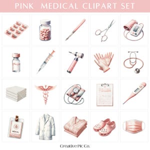 May include: Pink medical clipart set featuring various medical tools and supplies. Includes pills, a medicine bottle, a scalpel, scissors, a blood pressure monitor, a syringe, an otoscope, gloves, a stethoscope, towels, a medical symbol, a clipboard, a thermometer, a medical staff badge, a lab coat, scrubs, clogs, and a face mask.