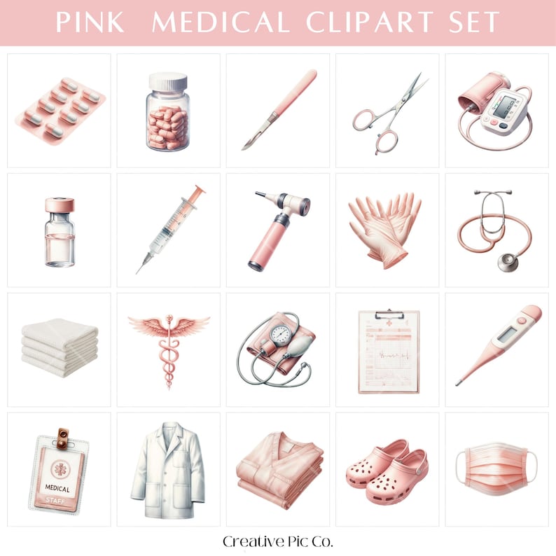 May include: Pink medical clipart set featuring various medical tools and supplies. Includes pills, a medicine bottle, a scalpel, scissors, a blood pressure monitor, a syringe, an otoscope, gloves, a stethoscope, towels, a medical symbol, a clipboard, a thermometer, a medical staff badge, a lab coat, scrubs, clogs, and a face mask.