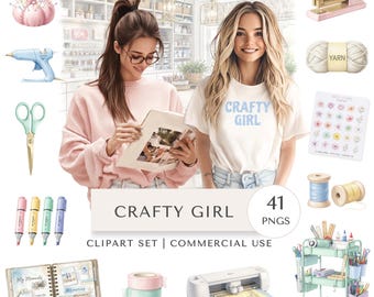 Crafty Girl Clipart Set | Crafting Art Digital Stickers