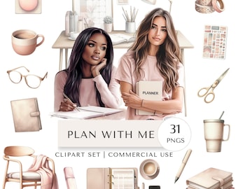 Plan With Me Planner Clipart Set | Pink Journaling Digital Stickers