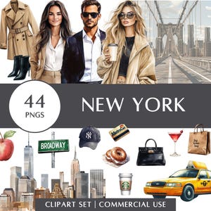 Conjunto de imágenes prediseñadas de Nueva York / Imágenes PNG de la vida urbana para moda, gastronomía y marcas / Uso comercial