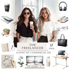 Könnte beinhalten: Aquarell-Illustration eines Freelancer-Cliparts. Das Bild zeigt zwei Frauen, einen Laptop, eine Kaffeetasse, Kopfhörer, Turnschuhe, eine Brille, eine Tragetasche, ein Notizbuch, einen Computer und andere Büroartikel. Der Text lautet "THE FREELANCER" und "37 PNGS".