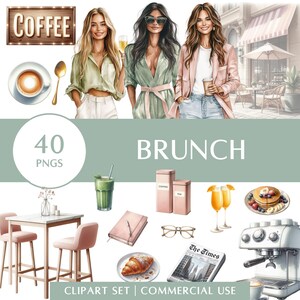 ブランチクリップアートセット | ファッション女性、コーヒー、食べ物、クロワッサン、カフェシーン | デジタルプランナー、ブログ、商用利用 | デジタルステッカー
