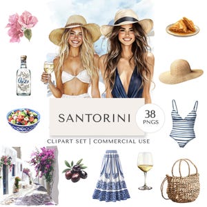 Santorini Clipart Set: Greek Island Travel PNGs (Commercial Use, PDF Download