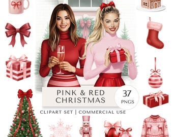 Pink & Red Christmas Clipart Set | Modern Festive Holiday Digital Stickers