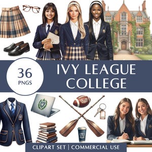 Conjunto de imágenes prediseñadas de universidades de la Ivy League / Estética académica preppy / Estudios universitarios / Pegatinas digitales / Uso comercial