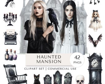 May include: A digital clipart set titled "Haunted Mansion" featuring gothic elements. Includes illustrations of women, ravens, a black cat, tombstones, a skull, a doll, a bat, a rocking chair, a typewriter, keys, and a grandfather clock.