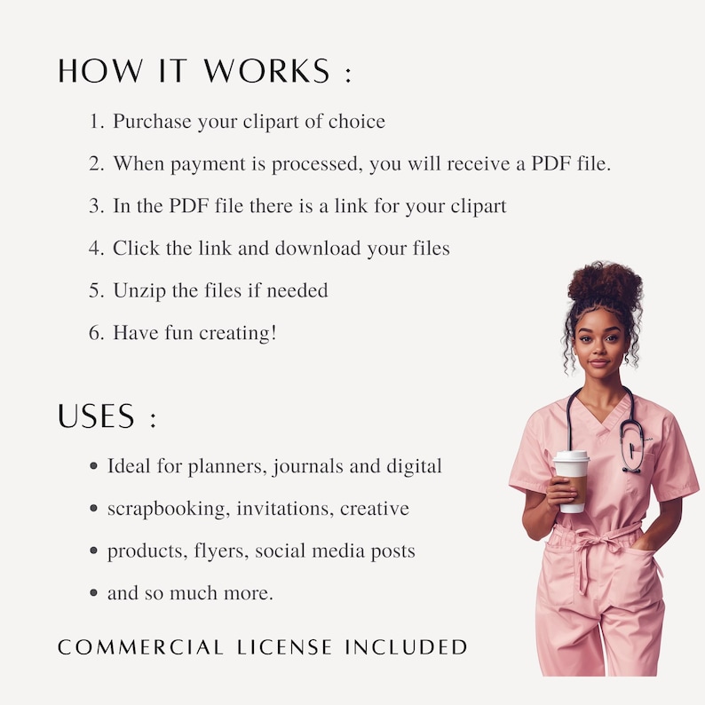 May include: Image with text: "HOW IT WORKS" and "USES". A person in pink scrubs holds a coffee cup. The text describes the process of purchasing and using clipart for planners, scrapbooking, and social media.
