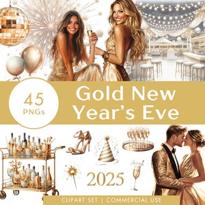 Conjunto de clipart de véspera de ano novo dourado, ilustração em aquarela, adesivos digitais