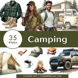 Conjunto de clipart de acampamento, aventura, aquarela, ilustração, adesivos digitais