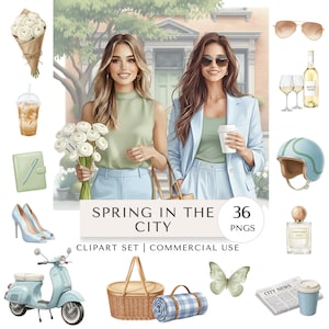 Może przedstawiać: Zestaw cyfrowych clipartów zatytułowany "Spring in the City" z ilustracjami dwóch kobiet, akcesoriów modowych i elementów życia miejskiego. Zawiera skuter, kosz piknikowy, kwiaty i okulary przeciwsłoneczne. Zestaw zawiera 36 plików PNG.