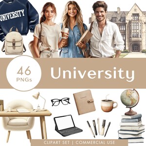 Conjunto de imágenes prediseñadas de la universidad Estudio universitario Ilustración digital de acuarela Descarga digital