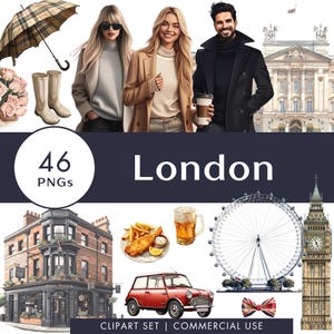 Conjunto de clipart de Londres, adesivos digitais de ilustração em aquarela de viagem