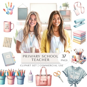May include: A digital clipart set for primary school teachers, featuring a variety of watercolor illustrations. Includes images of school supplies, a mug with text, a t-shirt with text, and two smiling women. The text on the image says "PRIMARY SCHOOL TEACHER".