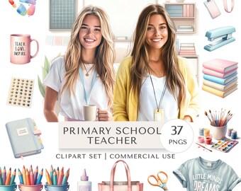 May include: A digital clipart set for primary school teachers, featuring a variety of watercolor illustrations. Includes images of school supplies, a mug with text, a t-shirt with text, and two smiling women. The text on the image says "PRIMARY SCHOOL TEACHER".