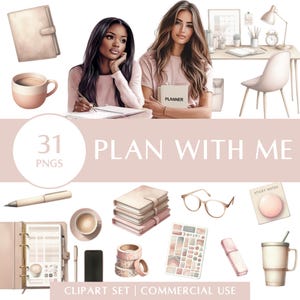 Conjunto de Cliparts Planeje Comigo | PNGs de Planejador Rosa para Diário, Conteúdo e Branding | Uso Comercial