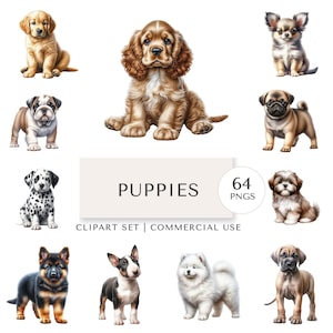 Welpe Clipart-Set | 64 PNG | Niedliche Hunderassen & bezaubernde Haustierillustrationen | Kommerzielle Nutzung