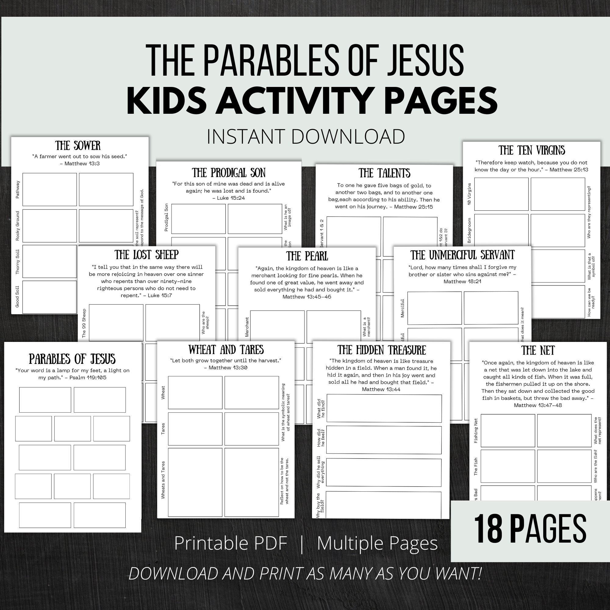 The Parables of Jesus Kids Activity Pages New Testament Christian ...