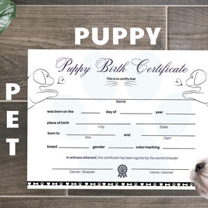* Ausdruckbare Geburtsurkunde, Geburtsurkunde, Geburtsurkunde, Geburtsurkunde, Geburt, Haustier, Haustier, Hund, Hündin - US letter PDF