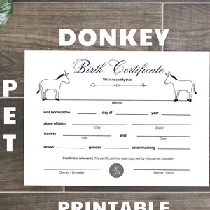 Stampabile * Certificato di nascita dell'asino – documento scritto nel certificato di nascita, nascita in casa, animale da fattoria, allevatore di animali domestici, bestiame mulo – Lettera USA PDF