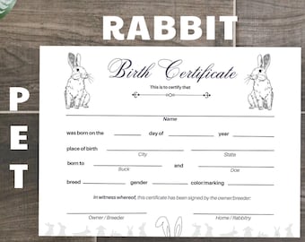 Rabbit printable pet birth certificate – pet bunny, pet birth record, pets, pet home birth, pet breeder, birth document – US letter size