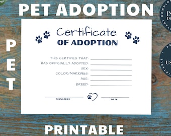 Do druku * Certyfikat adopcji zwierząt domowych – zapis adopcji zwierząt domowych, pies, kot, adopcja zwierząt domowych, ratunek ze schroniska dla zwierząt, dokument adopcyjny – format PDF w formacie listu amerykańskiego