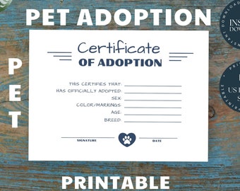 Do druku * Certyfikat adopcji zwierząt domowych – zapis adopcji zwierząt domowych, pies, kot, adopcja zwierząt domowych, ratunek ze schroniska dla zwierząt, dokument adopcyjny – format PDF w formacie listu amerykańskiego