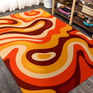 Orange Brown Groovy Psychedelic Rug, Vibrant Bedroom Area Rug, Cool ...