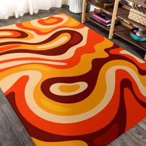 Orange Brown Groovy Psychedelic Rug, Vibrant Bedroom Area Rug, Cool Home Decor, Maximalist Style